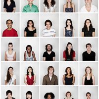 montage of a group of people smiling - hairstyle stockfoto's en -beelden