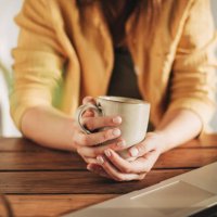 morning, breakfast coffee and female hands pouring water in cup from retro kettle in kitchen at home. woman in pajamas brewing tea or making a beverage on counter to start the day. - coffee stock pictures, royalty-free photos
