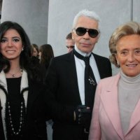 Mrs Hariri, Karl Lagerfeld and Bernadette Chirac attend the Chanel Fashion show, during Paris Fashion Week Spring-Summer 2008 at Grand Palais on...