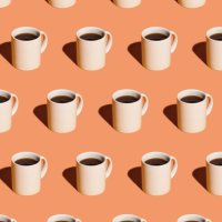 mugs of black coffee in rows against peach background - coffee stock pictures, royalty-free photos & images