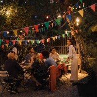 multi-ethnic male and female friends enjoying dinner party in illuminated backyard - garden decoration stock pictures, royalty-free photos & images