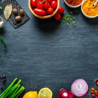 multi colored vegetables and spices frame on black slate background. overhead view - food stock pictures, royalty-free photos & images