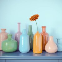 multicolored bottles vases from glass with one daisy flower on blue dresser and blue wall abstract background. 3d rendering. vintage retro colored - home decoration stock pictures, royalty-free photos & images