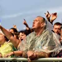 music festival crowd watching an act during rain - concert stock pictures, royalty-free photos & images