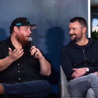 Musicians Luke Combs and Eric Church speak during a press conference for the Concert for Carolina at Bank of America Stadium on October 26, 2024 in...