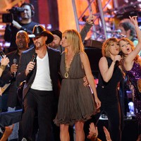 Musicians Reba McEntire, Tim McGraw, Faith Hill, Jennifer Nettles, and Taylor Swift perform onstage during Brooks & Dunn's The Last Rodeo Show at MGM...