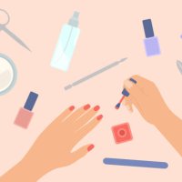 nail care concept. manicured female hands and applying nail polish on fingernails. manicure equipments on table - nails art stock illustrations