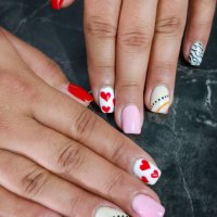 nails art, design of lines, hearts and animal print - nails art stock pictures, royalty-free photos & images
