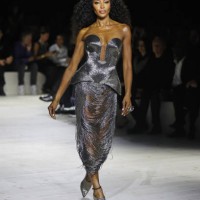 Naomi Campbell walks the runway at the Alexander McQueen SS24 show during Paris Fashion Week at Le Carreau du Temple on September 30, 2023 in Paris,...