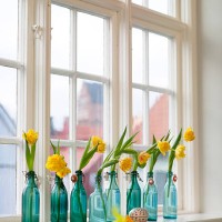 narcisses in bottles on window sill - home decoration stock pictures, royalty-free photos & images