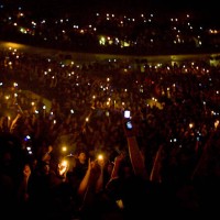 Near sold out crowd of heavy metal fans hold up cell phones and lighters during a Metallica show at the Rose Garden arena in Portland. The band is on...