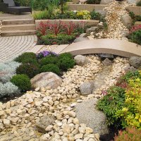 new landscaping with river and bridge - garden decoration stock pictures, royalty-free photos & images