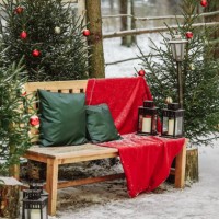 new year's photo zone with decorated christmas trees and bench. - home decoration stock pictures, royalty-free photos & images