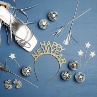 new years and glitter still life photo party accessories in studio on blue from above overhead - home decoration stockfoto's en -beelden