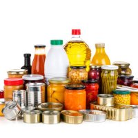 non-perishable food: canned goods, conserves, sauces and oils isolated on white background - food stock pictures, royalty-free photos & images