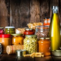 non perishable food on rustic wooden table. copy space - food stock pictures, royalty-free photos & images