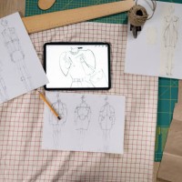 oben ansicht von modeskizzen auf papier und touchpad. - fashion stock-fotos und bilder