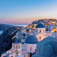 oia, santorini island, cyclades, greece. twilight, houses and churches after sunset - travel stock pictures, royalty-free photos & images