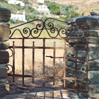 old iron gate in tinos island - garden decoration stock pictures, royalty-free photos & images