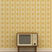 old television in front of yellow patterned wallpaper - home decoration stock illustrations