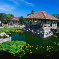 ornamental lake, raja of karangasem palace, amlapura, bali, indonesia - garden decoration stockfoto's en -beelden
