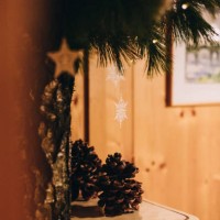 ornate christmas paper stars hanging from a bunch of pine branches - home decoration stock pictures, royalty-free photos & images