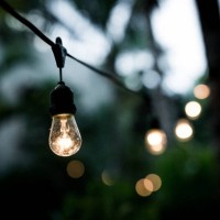 outdoor string lights hanging on a line in backyard - garden decoration stock pictures, royalty-free photos & images