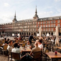 outdoors dinning at major plaza of madrid, spain - food stock pictures, royalty-free photos & images