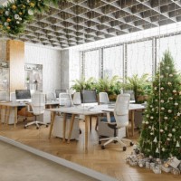 outside view of eco-friendly open plan modern office with christmas tree, ornaments, gift boxes, tables, office chairs and plants - home decoration stock pictures, royalty-free photos & images