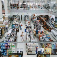 overhead image of people buying in the large supermarket - home decoration stock pictures, royalty-free photos & images
