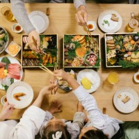 overhead shot of new year' day dinner table - food stock pictures, royalty-free photos & images