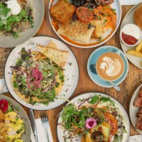 overhead view of breakfast. - food stock-fotos und bilder