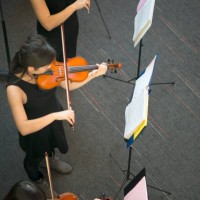 overhead view of violinists performing at concert, british columbia, canada - concert stock pictures, royalty-free photos & images