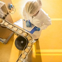 overhead view of worker inspecting biscuits on production line in food factory - food stock pictures, royalty-free photos & images