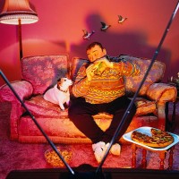 overweight man surrounded by snacks, eating burger, watching tv - junk food stock pictures, royalty-free photos & images