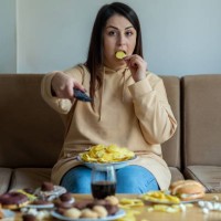 overweight woman sit on the sofa with junk food - junk food stock pictures, royalty-free photos & images