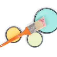 paint can lids and brush with clipping path - home decoration stock pictures, royalty-free photos & images