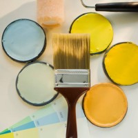 paintbrushes and assorted paints - home decoration stock pictures, royalty-free photos & images