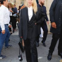 Pamela Anderson is seen attending The Row runway show during Paris Fashion Week on September 27, 2023 in Paris, France.