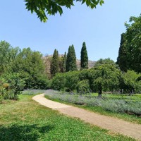 panorama from garden - garden decoration stockfoto's en -beelden