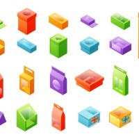 paper bags and box with insert window, isometric vector set - junk food stock illustrations