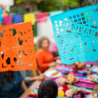 party decoration flag during family celebration - garden decoration stock pictures, royalty-free photos & images