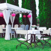 party tables in garden - garden decoration stock pictures, royalty-free photos & images