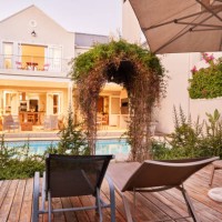 patio and pool in the back yard of a house in summer - garden decoration stock pictures, royalty-free photos & images