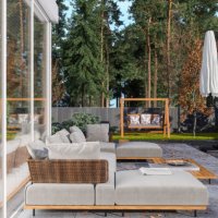 patio with corner sofa, coffee table and garden view - garden decoration stock pictures, royalty-free photos & images