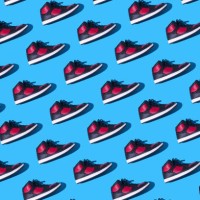 pattern of black and red basketball sneakers, on a blue background. concept for sneaker, basketball, retro, fashion, collection and casual - fashion stock pictures, royalty-free photos & images
