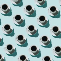 pattern of coffee cups on blue background - coffee stock pictures, royalty-free photos & images
