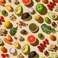 pattern of variety fresh of organic fruits and vegetables and healthy vegan meal ingredients on beige background. healthy food, clean eating, diet and detox, eco friendly, no plastic concept . flat lay, top view - food stock 