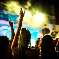 people raising arms and dancing during dj party - concert stock pictures, royalty-free photos & images