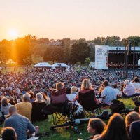 people watching an open air classical music concert at ahuntsic park in montréal - concert stock pictures, royalty-free photos & images